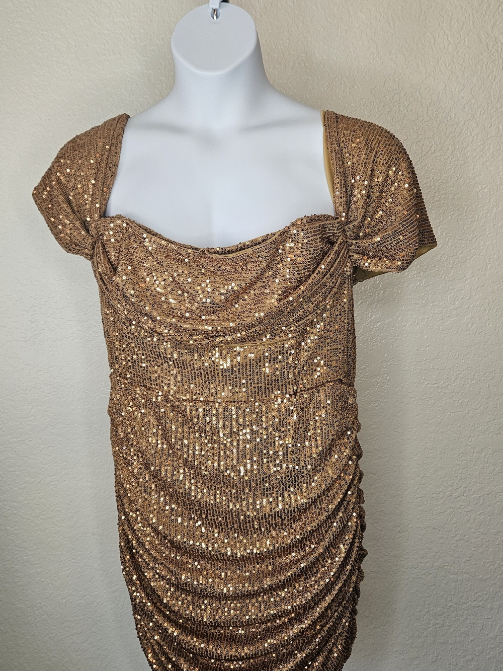 PrettyLittleThing Bronze Sequin Draped Mini Dress - Picture 3 of 6